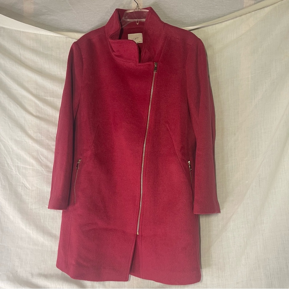 LOFT NWT Wooly Flannel Funnel Neck Moto Zip Up Pea Coat. Cherry Jam Color XXLP
